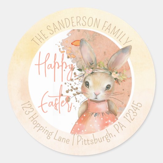 Sweet Floral Bunny Happy OsterRücksendeadresse Runder Aufkleber (Vorderseite)
