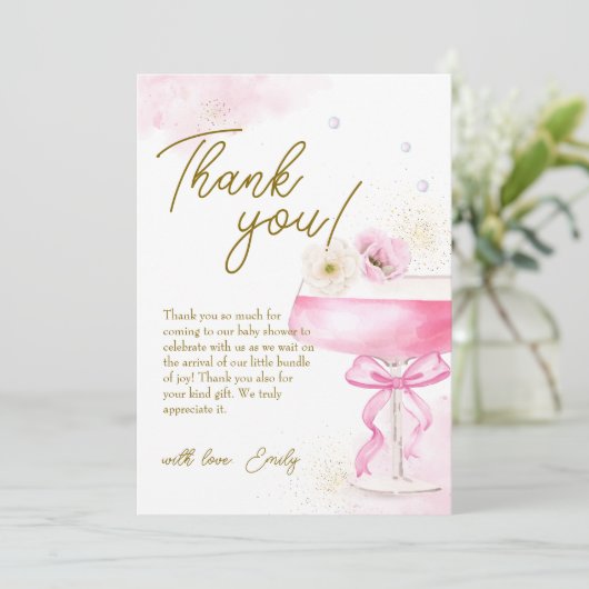 Sweet Floral Champagne Brunch Bubbly Baby Show Dankeskarte (Stehend Vorderseite)