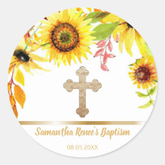 Sweet Floral Gold Cross Baby Taufe Gefallen Runder Aufkleber