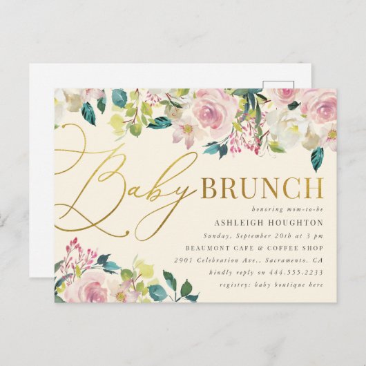 Sweet Floral Gold Script Baby Brunch Einladungspostkarte (Vorne/Hinten)