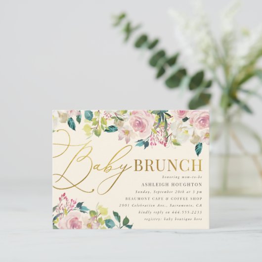 Sweet Floral Gold Script Baby Brunch Einladungspostkarte (Stehend Vorderseite)