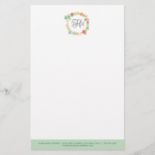 Sweet Floral Monogram Stationery Briefpapier (Vorderseite)