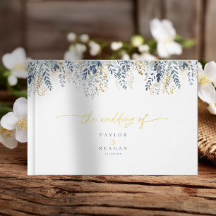 Sweet Floral Pattern Dusty Blue Gold Foil ID1045 Gästebuch