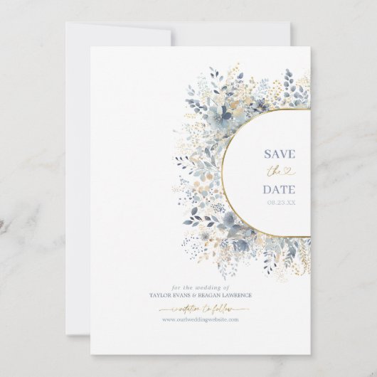 Sweet Floral Pattern Dusty Blue Gold ID1045 Save The Date (Vorderseite)