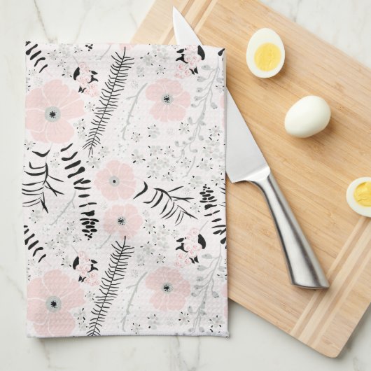 Sweet floral Pink Black Whimsical PatternBlumen Geschirrtuch (Viertel Falte)