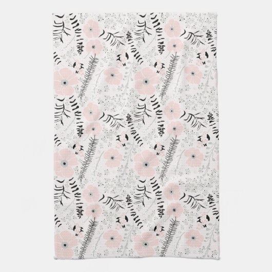 Sweet floral Pink Black Whimsical PatternBlumen Geschirrtuch (Vertikal)