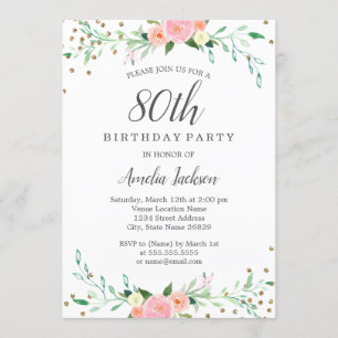Sweet Floral Sparkle Confetti 80. Geburtstagsparty Einladung