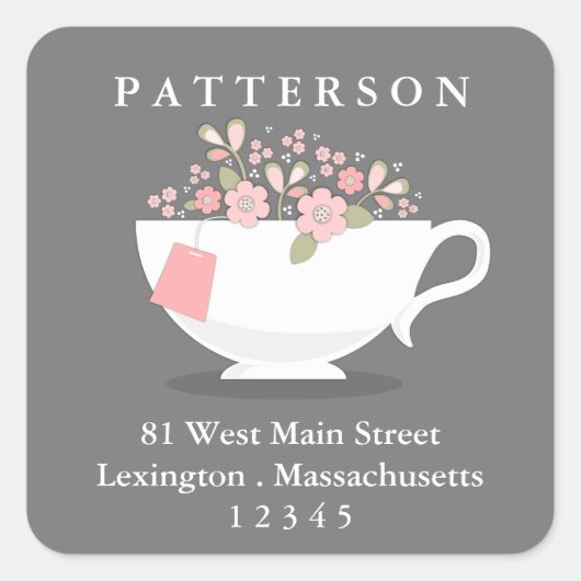 Sweet Floral Teacup Tee Time Return Address Label Quadratischer Aufkleber (Vorderseite)