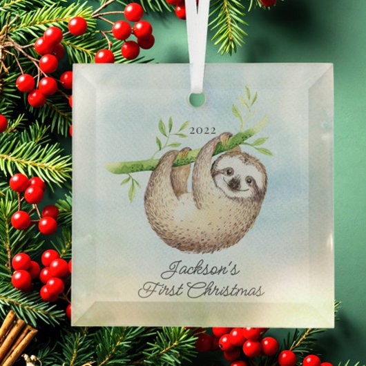 Sweet Foto Sloth Baby's First Christmas Ornament Aus Glas