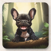 😍 Sweet Frenchie Welpe im Wald Getränkeuntersetzer (Vorderseite)