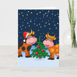 Sweet Frory Christmas Kuh Couple By Christmas Tree Feiertagskarte