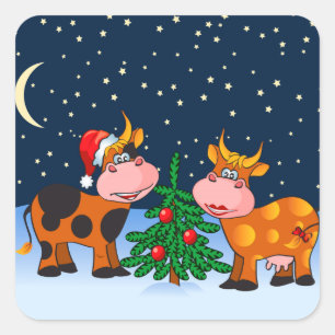 Sweet Frory Christmas Kuh Couple By Christmas Tree Quadratischer Aufkleber