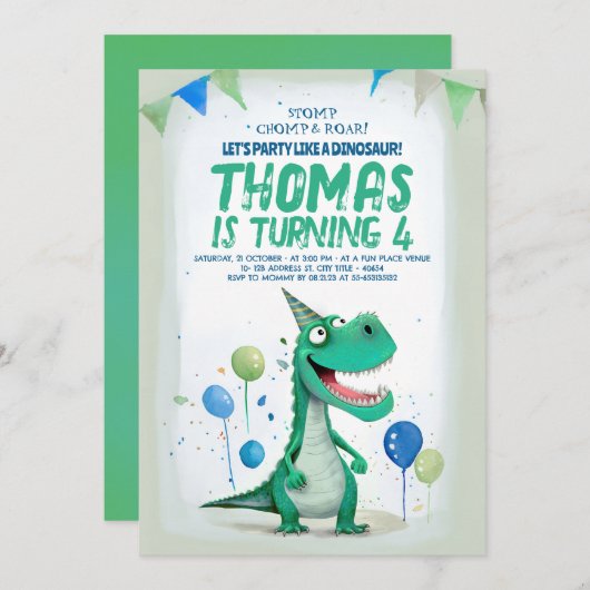 Sweet Fun Dinosaurier Blau und Grün Geburtstag Einladung (Vorne/Hinten)