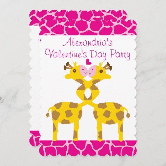 Sweet Giraffen in Liebe Pink Kids Valentines Party Einladung (Vorne/Hinten)
