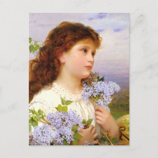 Sweet Girl mit Lilac Blume Vintage Kunst Postkarte (Vorderseite)
