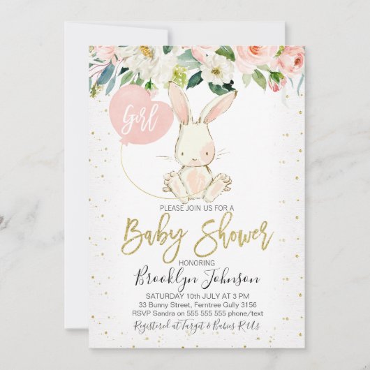 Sweet Girl's Floral Bunny Baby Einladung (Vorderseite)