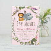 Sweet Girls Jungle Safari Tiere Pink Baby Dusche Einladung (Stehend Vorderseite)