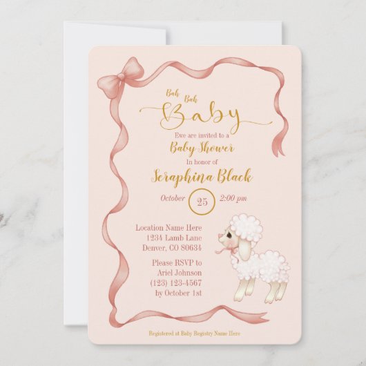 Sweet Girly Pink Bow Lamb Baby Dusche Einladung (Vorderseite)