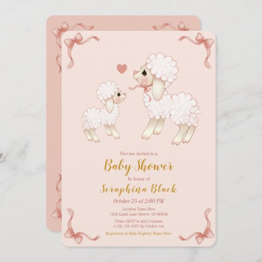 Sweet Girly Pink Lamb Baby Dusche Einladung (Vorne/Hinten)
