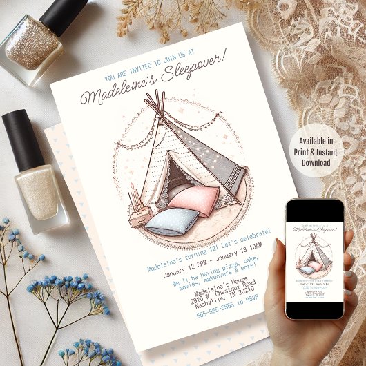Sweet Girly Teepee Sleepover Party Geburtstag Einladung