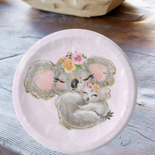 Sweet Girly Watercolor Koala Pink Babydusche Pappteller