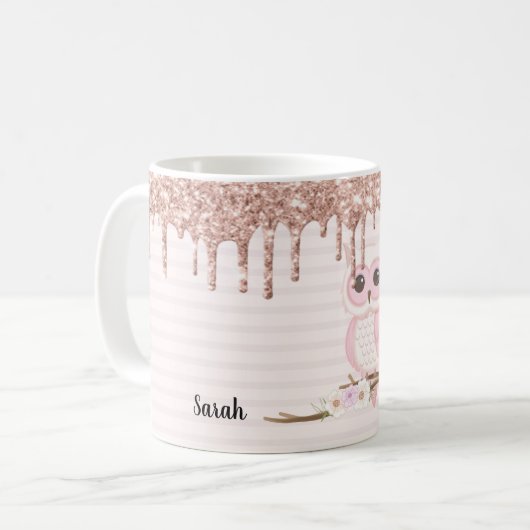 Sweet Glitzer Girly Pink Owl Kaffeetasse (Vorderseite Links)