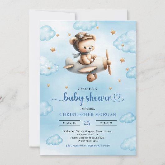 Sweet gold airplane bear theme boy baby shower einladung (Vorderseite)