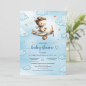 Sweet gold airplane bear theme boy baby shower  einladung (Stehend Vorderseite)