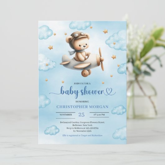 Sweet gold airplane bear theme boy baby shower  einladung (Stehend Vorderseite)