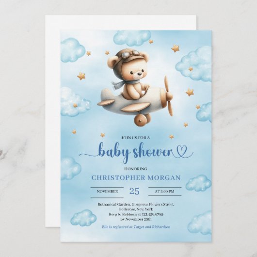 Sweet gold airplane bear theme boy baby shower  einladung (Vorne/Hinten)