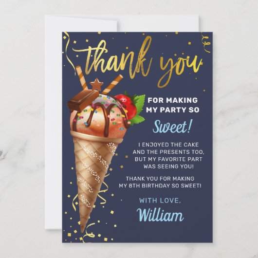Sweet Gold Chocolate Ice Cream Birthday Navy Blue Dankeskarte (Vorderseite)