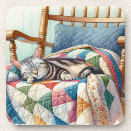Sweet Gray Cat Sleeping on a Quilt Getränkeuntersetzer