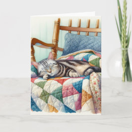Sweet Gray Cat Sleeping on a Quilt Karte