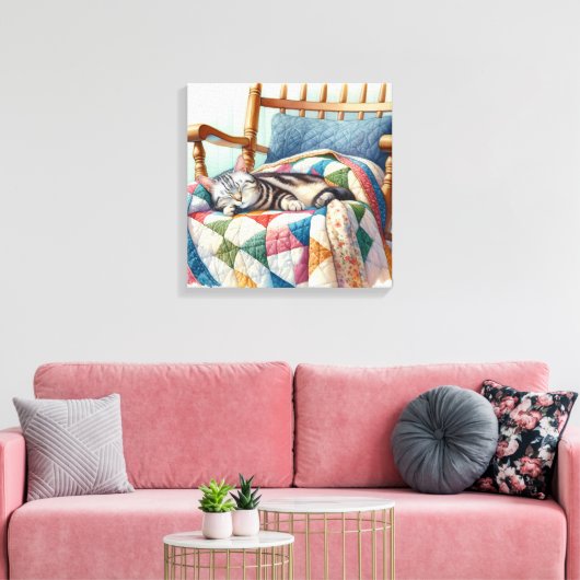 Sweet Gray Cat Sleeping on a Quilt Leinwanddruck (Insitu (Wohnzimmer))