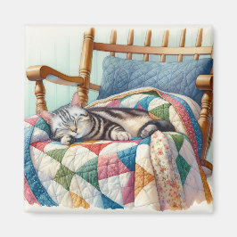 Sweet Gray Cat Sleeping on a Quilt Magnet