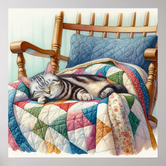 Sweet Gray Cat Sleeping on a Quilt Poster (Vorne)