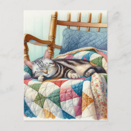 Sweet Gray Cat Sleeping on a Quilt Postkarte