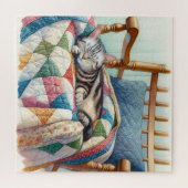 Sweet Gray Cat Sleeping on a Quilt Puzzle (Horizontal)