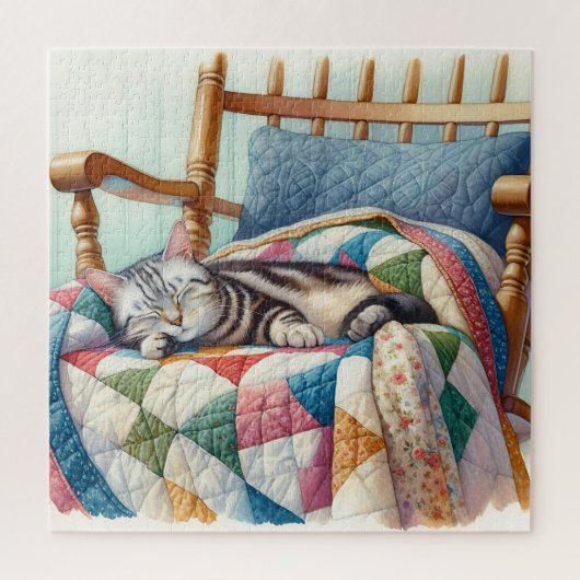 Sweet Gray Cat Sleeping on a Quilt Puzzle (Vertikal)