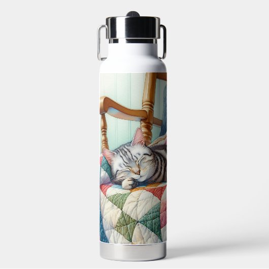 Sweet Gray Cat Sleeping on a Quilt Trinkflasche (Vorderseite)