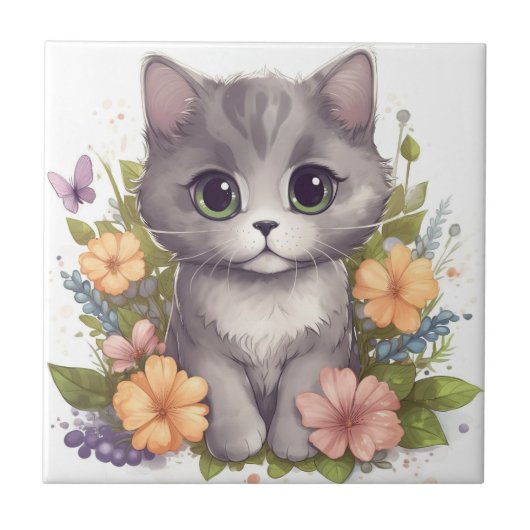Sweet Gray Kitten mit Blume Kawaii Chibi Fliese (Vorderseite)