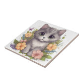 Sweet Gray Kitten mit Blume Kawaii Chibi Fliese (Seite)