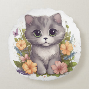 Sweet Gray Kitten mit Blume Kawaii Chibi Rundes Kissen
