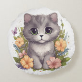 Sweet Gray Kitten mit Blume Kawaii Chibi Rundes Kissen (Rückseite)
