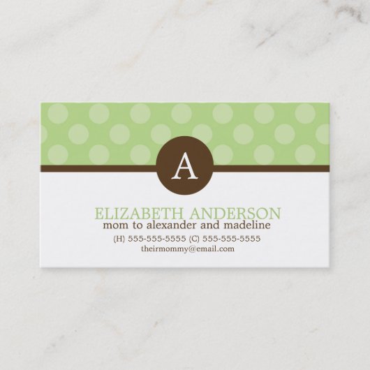 Sweet Green Polka Dots und Monogram Telefonnummerkarte (Vorderseite)