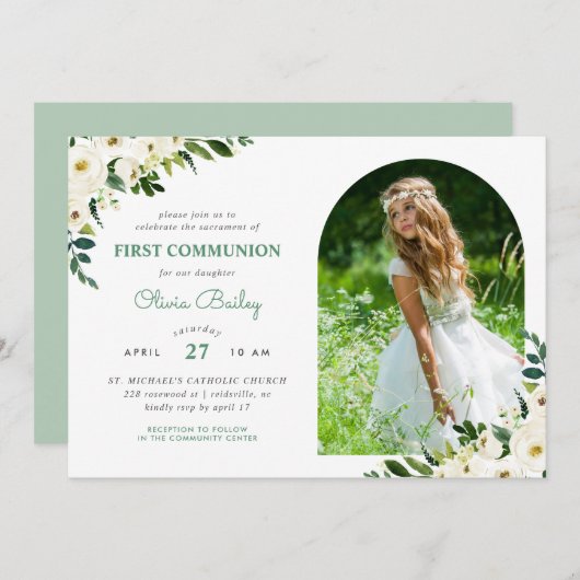 Sweet Greenery Floral Foto Erste Kommune Einladung (Vorne/Hinten)