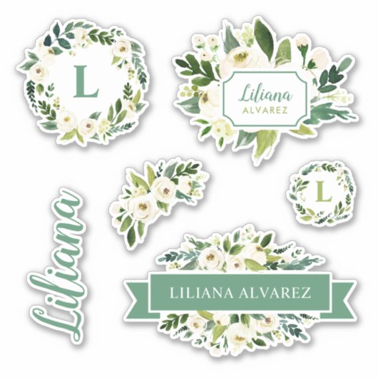 Sweet Greenery Floral Monogram Aufkleber (Vorderseite)