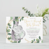 Sweet Greenery Gold Elefant Drive by Baby Dusche Einladung (Stehend Vorderseite)