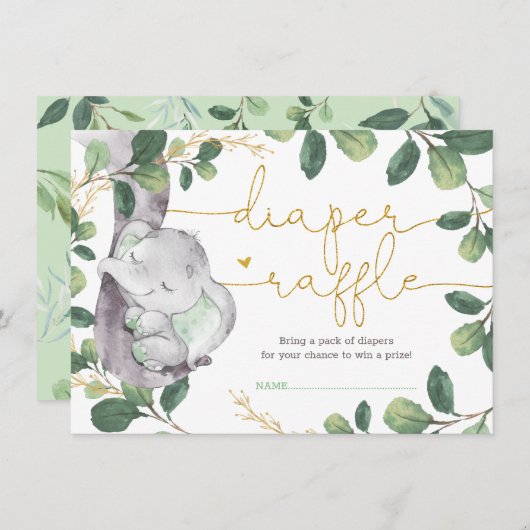 Sweet Greenery Gold Elephant Baby Diaper Raffle Begleitkarte (Vorne/Hinten)