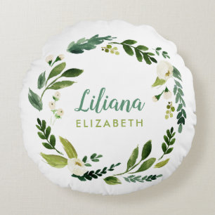 Sweet Greenery Wreath Baby Name Monogram Rundes Kissen